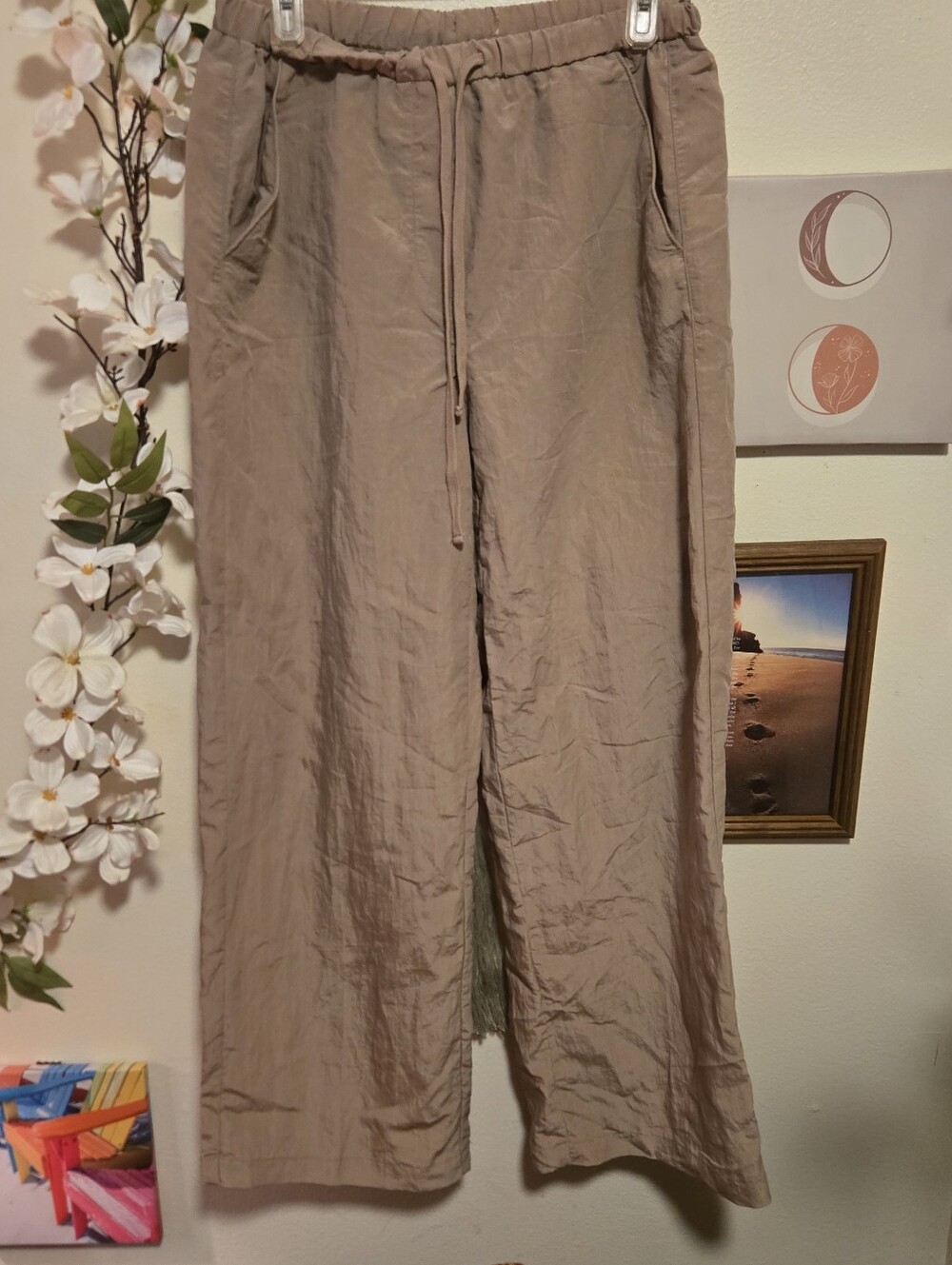 Tan Lyocell-Blend Drawstring Wide-Leg Pants